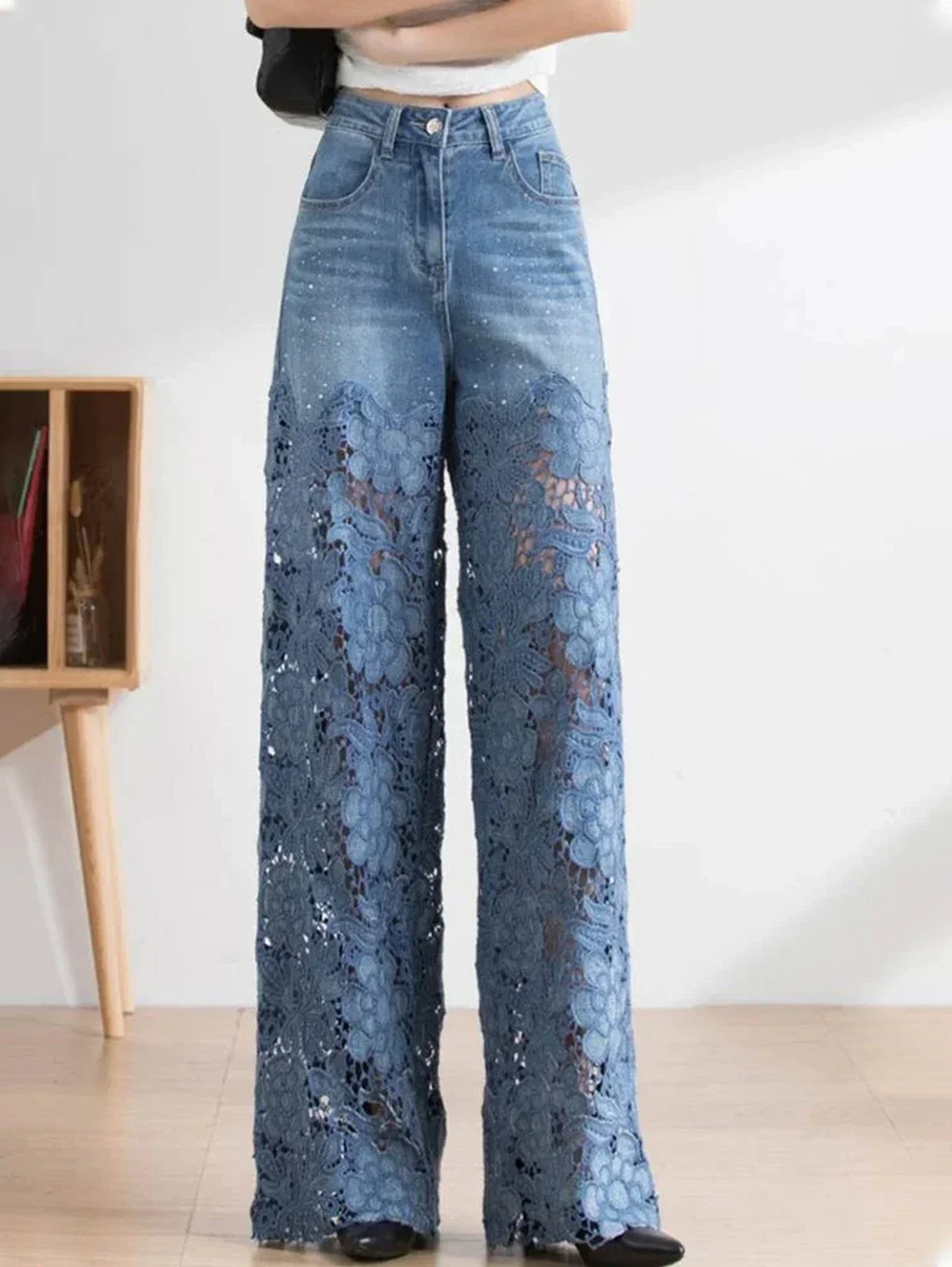 Women's Jeans 2024 New Spring Summer High-Waist Openwork Lace Stitching Denim Wide-Leg Pants Female Straight Trousers