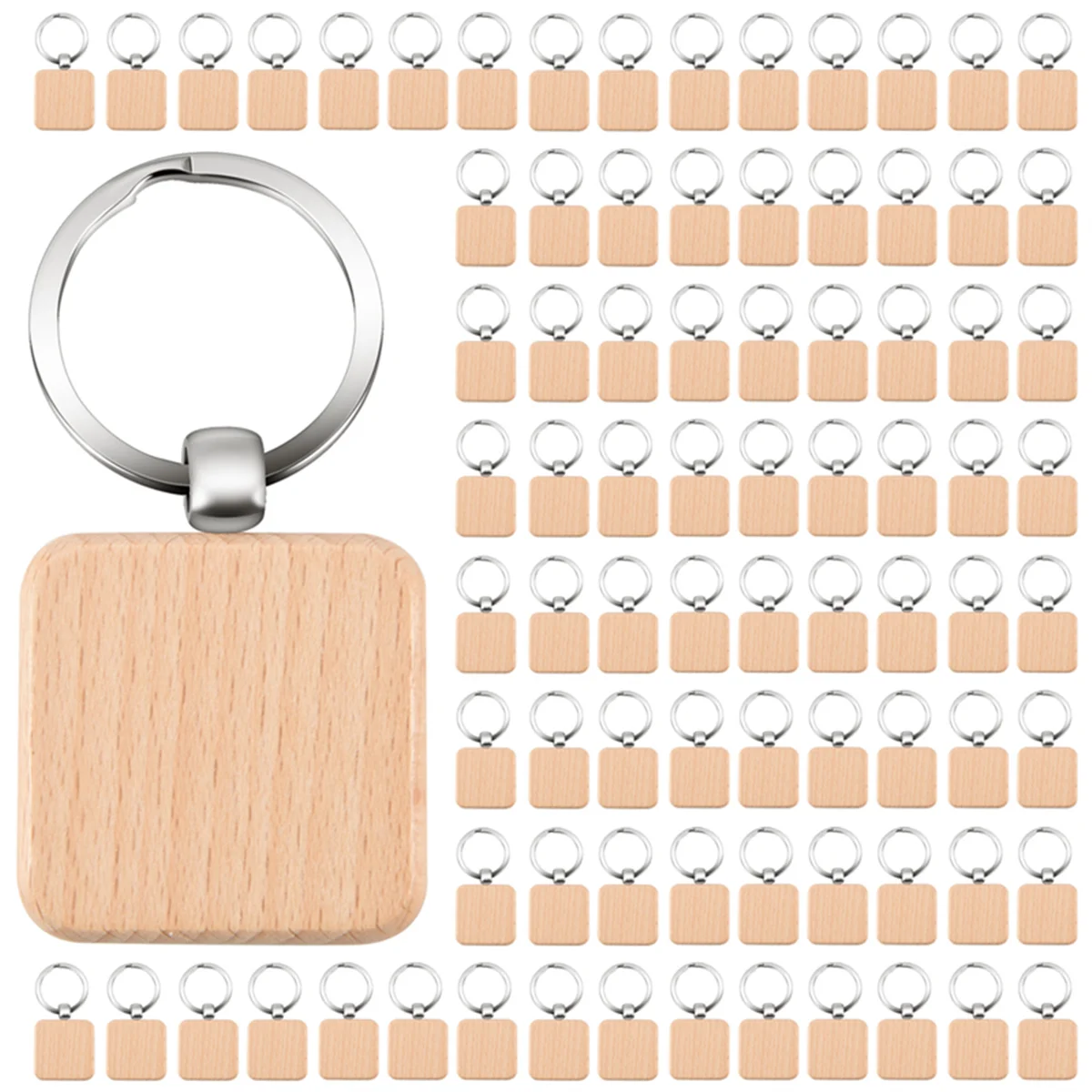 

100Pcs DIY Blank Wooden Key Chain Square Carved Key Ring Wooden Key Ring About 40 x 40 mm