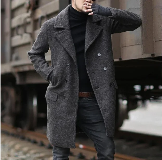 Winter men's medium long windbreaker double breasted European and American style thickened warm lapel wool windbreaker size 3XL