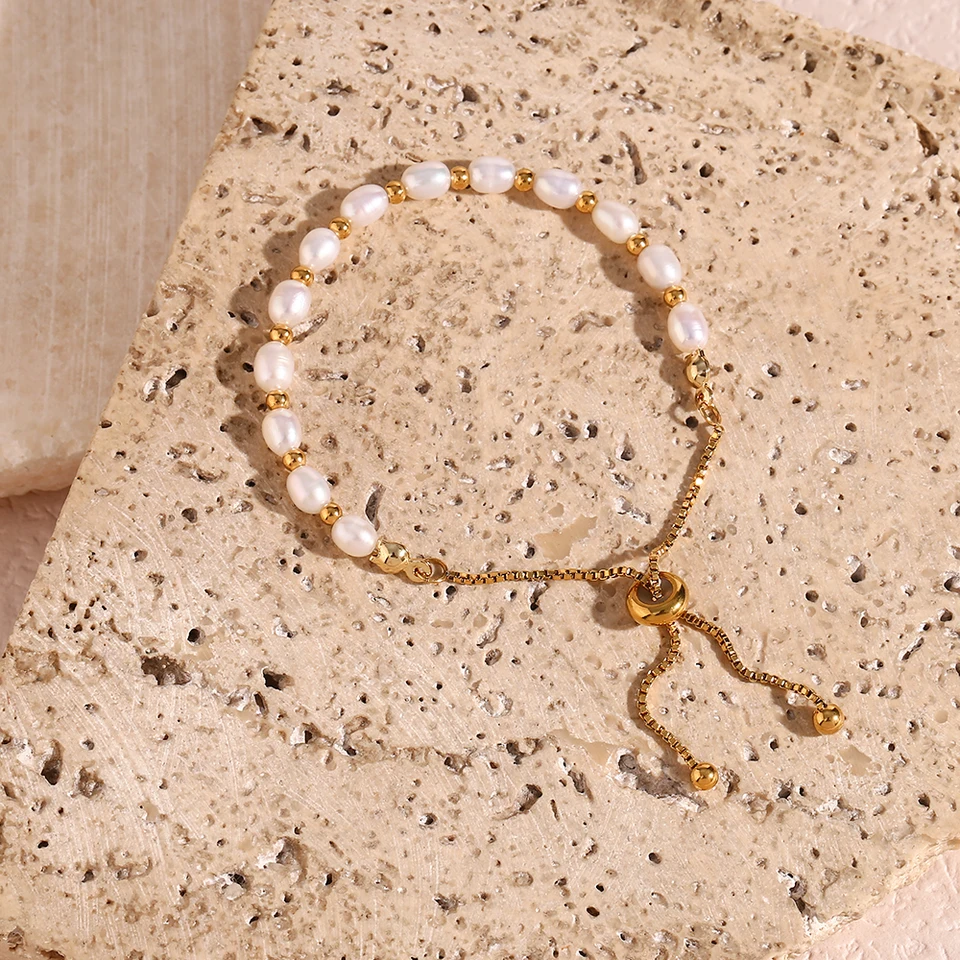 JeweBella Bracciale Donna Con Perle D'Acqua Dolce - Regolabile - Placcato Oro 18K, Oro Rosa, Bianco - Gioiello Elegante Fatto A Mano