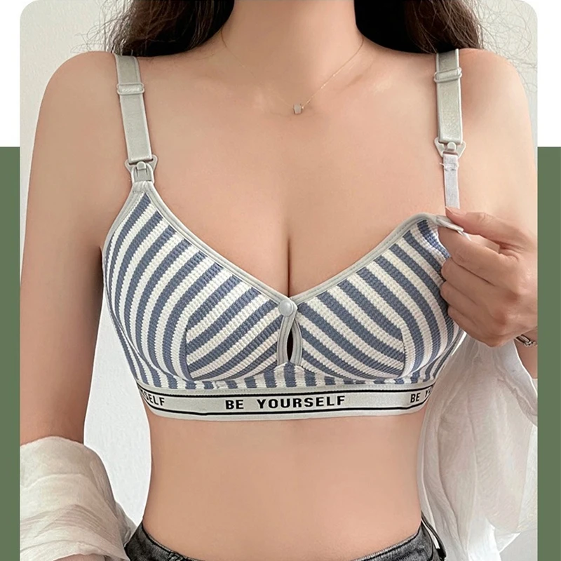 New Lightweight Breathable Maternity Breastfeeding Bra Made of Pure Cotton Gathered Anti Sagging Letter Stripe Women's Underwear 3