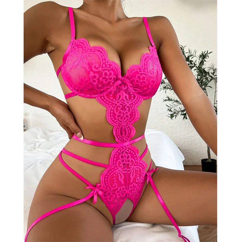 

Lingerie Set Sexy Costume Female Crotchless Bodysuits Underwear Women Lace Sling Patchwork String Sheer Bra Set