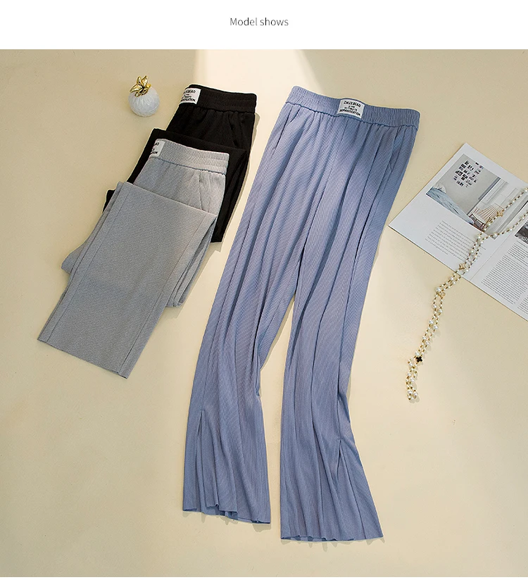Wide Leg Pants Woman Summer Thin High Waist Split Straight Loose Casual Pants Mujer Gray Letters Patches