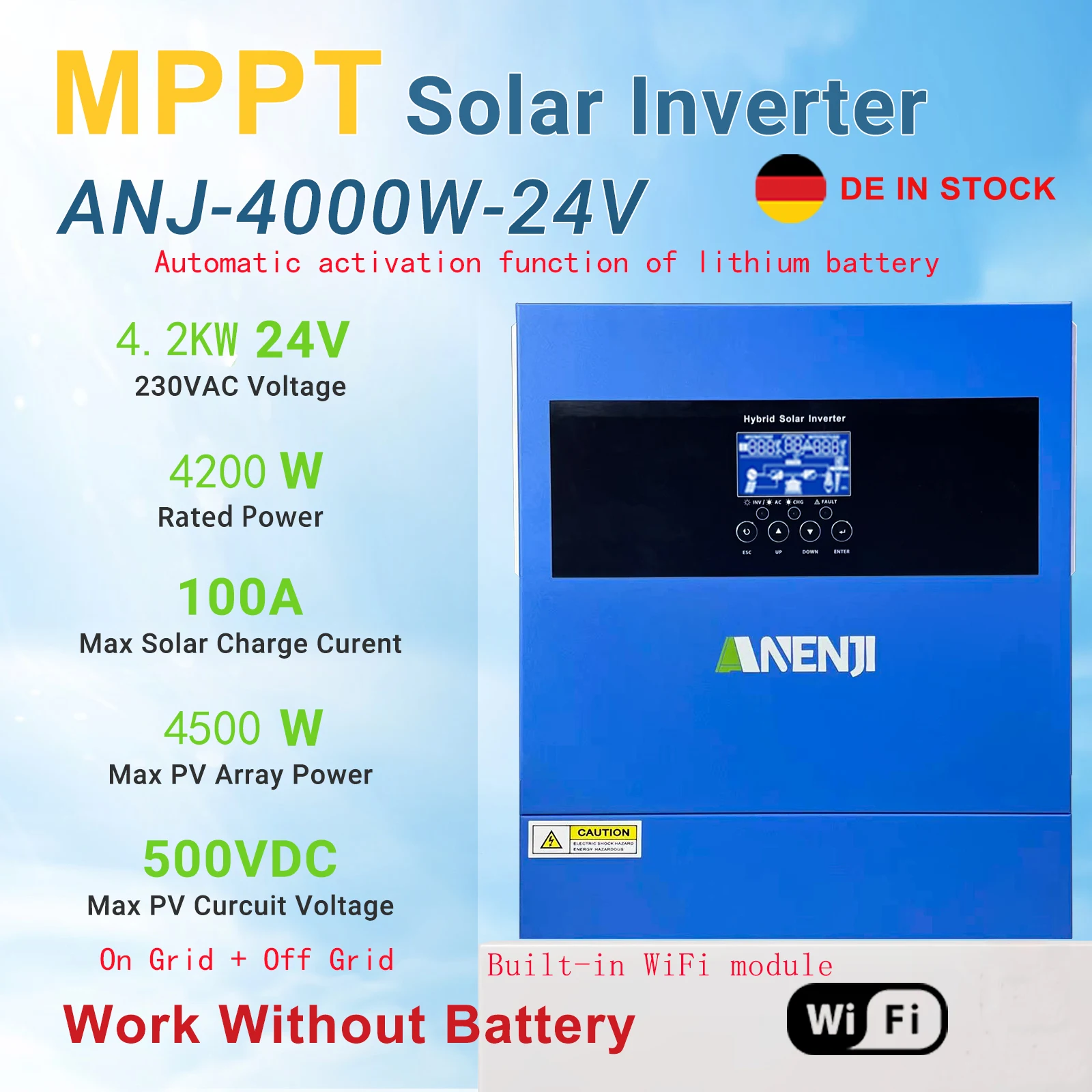 4.2KW 24V Hybrid Solar INVERTER Off/On Grid อินเวอร์เตอร์ไฟฟ้าโซลาร์เซลล์ 230V MPPT 100A คอนโทรลเลอร์ชาร์จพลังงานแสงอาทิตย์ WiFi PV 60-500VDC 1