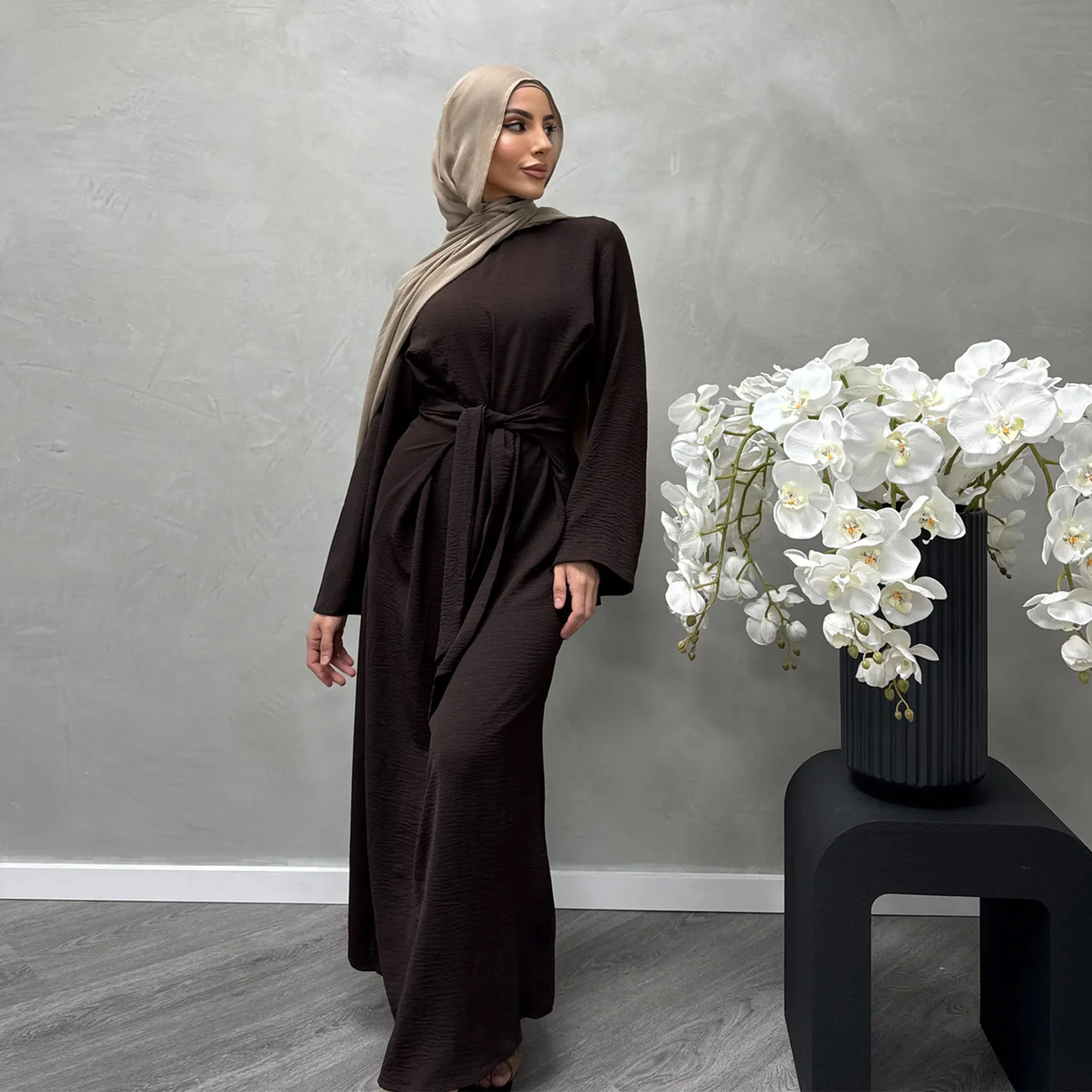 knee length dresses for ladies Satin Abaya With Matching Belt Made Of Diamond Tassel main image 1