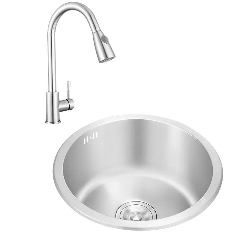 Kitchen Sink 304 Stainless Steel Round Single Groove Dish Washing Basin Thickened Sink with Kitchen Faucet Drain Accessores 6