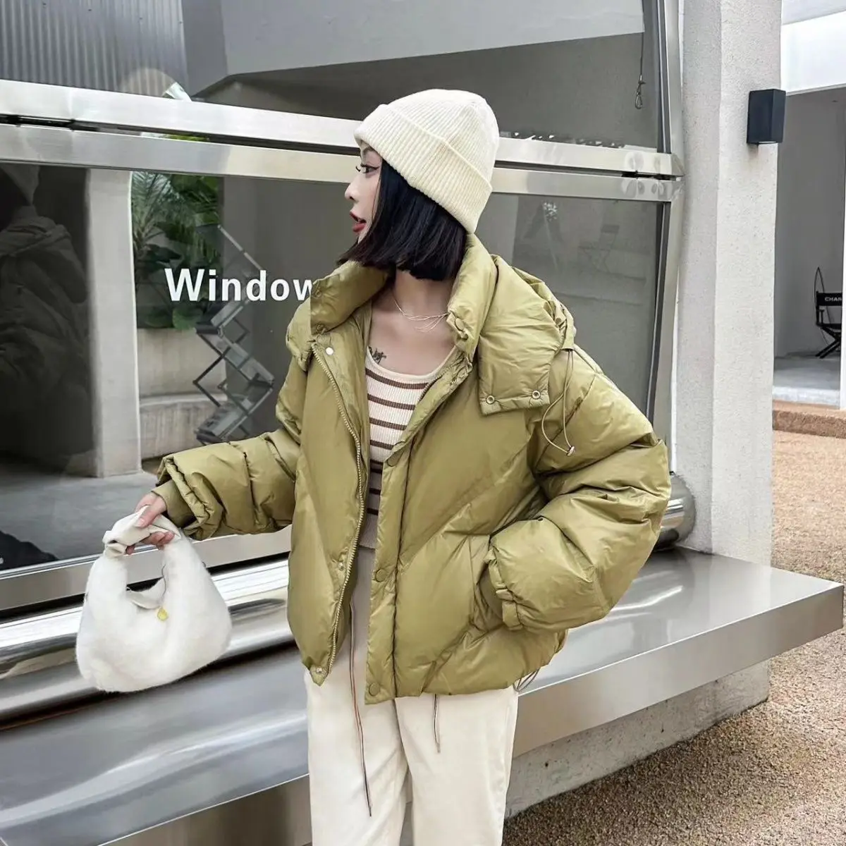 

Женская зимняя и осенняя парка с капюшоном, плотное теплое пуховое пальто, женская однотонная куртка с воротником-стойкой и белым утиным пухом, X38, 2023