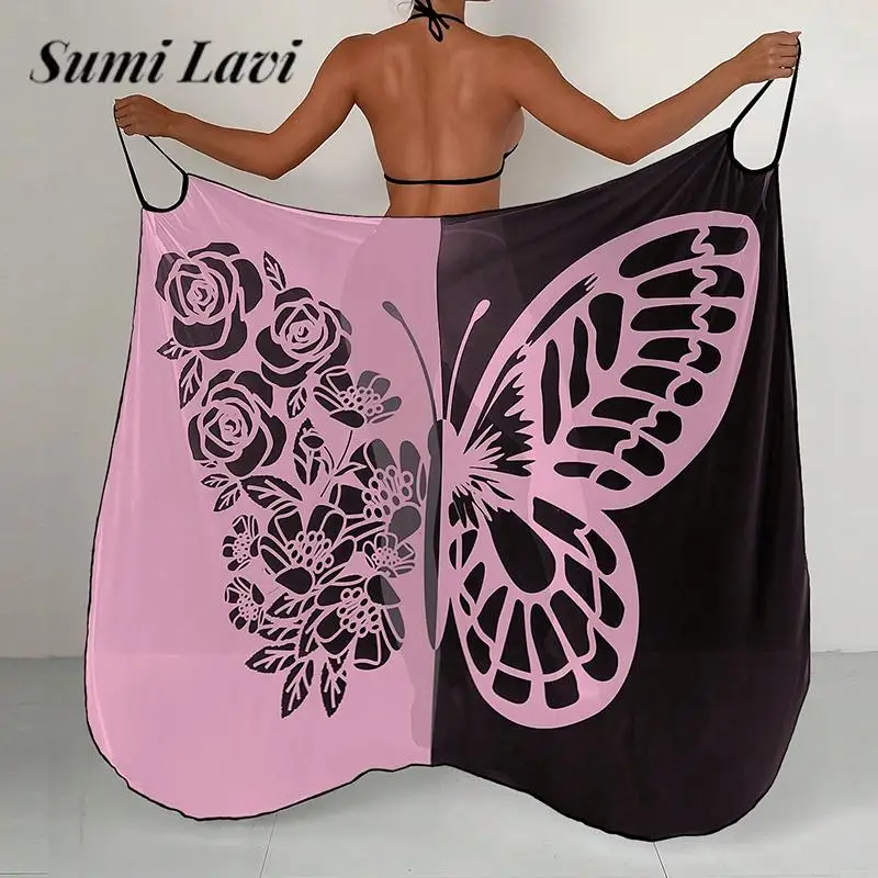 

Новинка 2023, сексуальная накидка на бикини, модная женская шаль контрастных цветов с принтом бабочки, летний сетчатый купальник, солнцезащитное платье, накидка