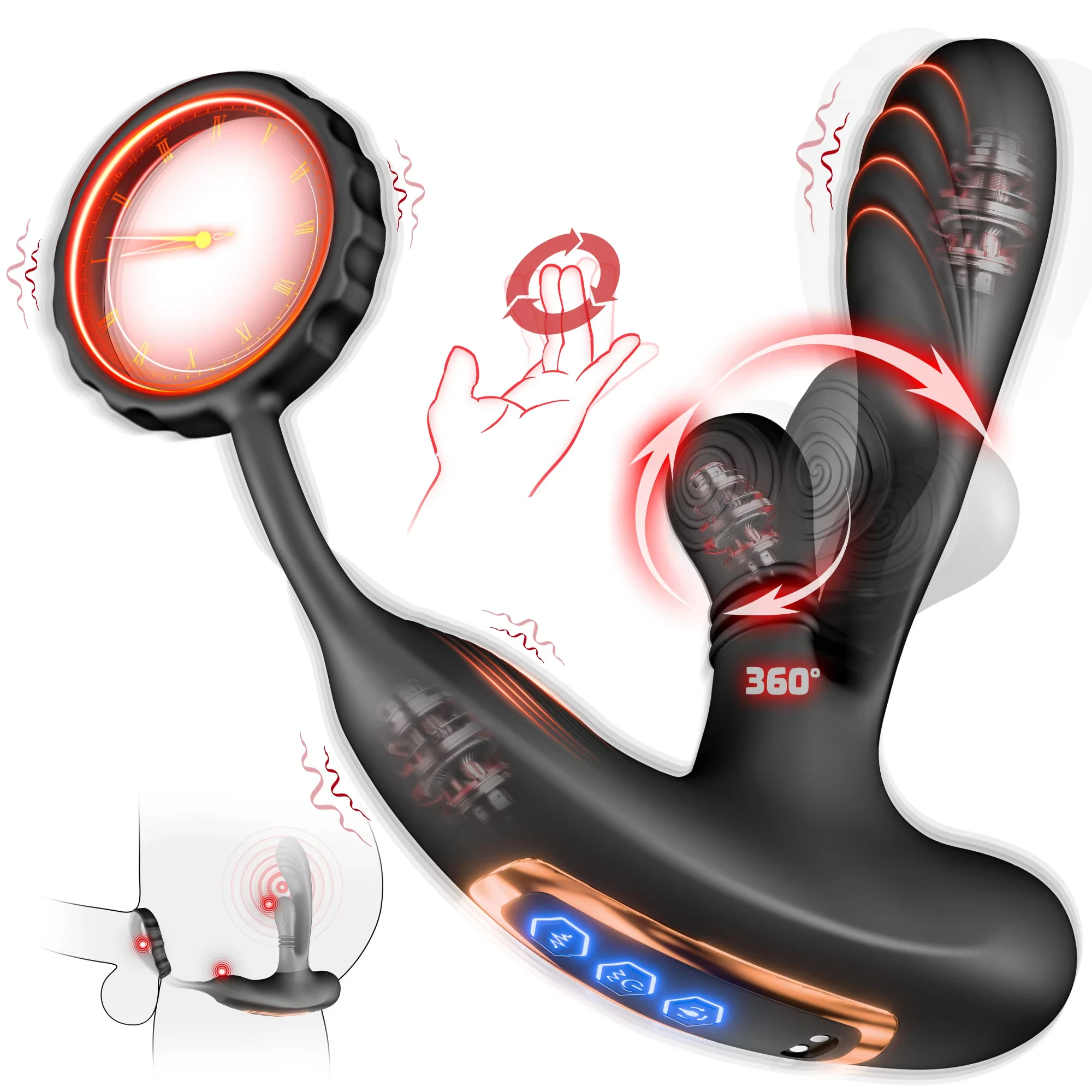 360° Circular Kneading Anal Vibrator Male Prostate Massager with Cock Ring 3 in 1 L-Shaped Vibrators Adult Anal Sex Toy for Gay