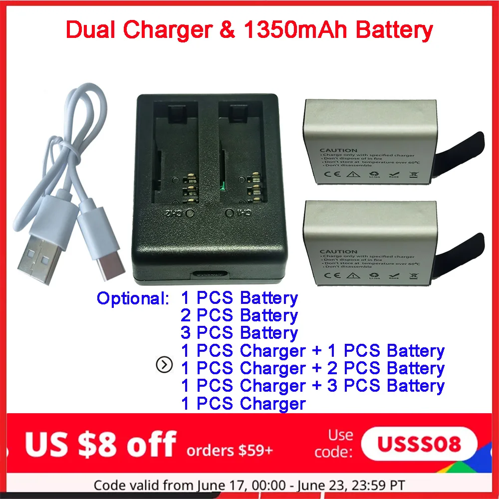 Bateria de Lítio de Grande Capacidade Impermeável Câmera Esportiva Bateria de Ação 13 Horas 1050 Mah 1350 Mah