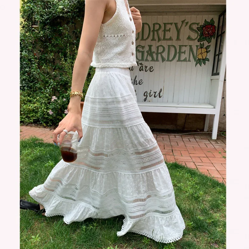 2024 Wowen's White Half Body Skirt Hollow Lace A-line Skirt Spliced Floor-Length Skirts