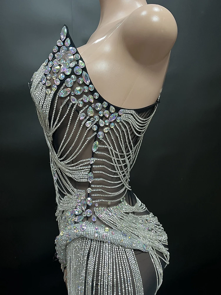 Bling Bling Laser Diamond Fringe Dress Sexy Spaghetti Straps Birthday Party Dress Robe De Soiree Summer Night Out Club Costume