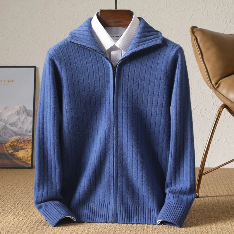Men's Thick Zipper Cardigan, 100% Wool Knit, High Neck, Wide Stripped Top, Autumn and Winter Warm Coat, Merino Fashion, New