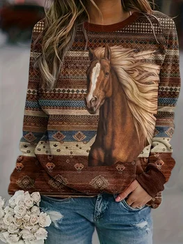 Felpa da donna alla moda Felpa con stampa grafica cavallo per donna Pullover girocollo casual a maniche lunghe y2k Abbigliamento da donna 1