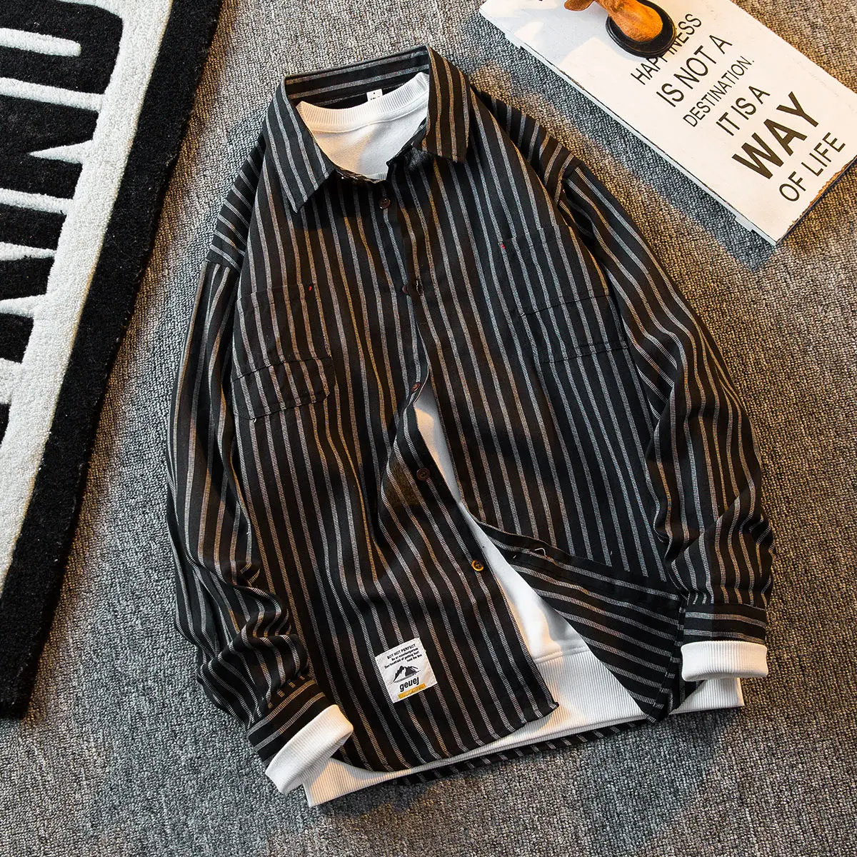 

Men's retro vertical stripe shirt men's long sleeved spring and autumn style high-end and handsome men's casual shirt thin coat