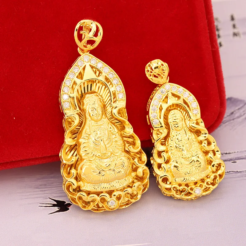 Pure14K Gold Color High Imitation Gold Buddha Statue Inlaid with 3A Zircon Maitreya Buddha Female Natal Guanyin Pendant Necklace