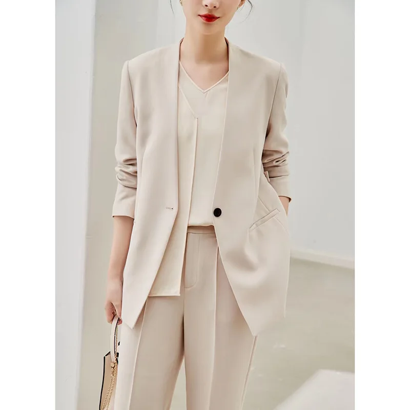 

Spring and Autumn New One Button Small Suit Women's Two-Piece Suit Ol Commuting Elegant Suit Jacket Straight Wide Leg Pants