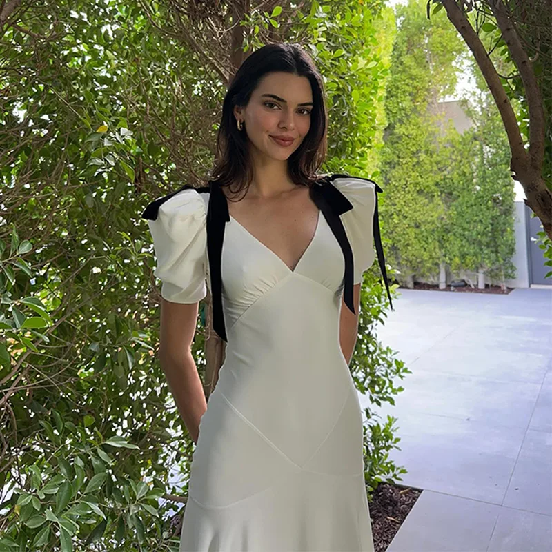 TRAUXY Elegante Vestido Largo con Lazo y Cordones para Mujer, Sin Mangas, Abullonado, Escote en V, Vestido de Playa de Moda para Vacaciones, Conjuntos de Verano