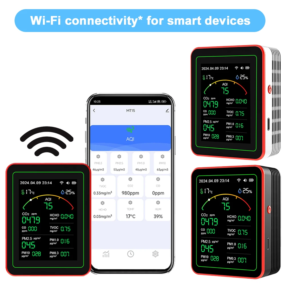 13-in-1 Tuya Wifi Intelligent Air Quality Monitor Indoor Co2 Detector With 2000mah Battery Real Time Pm2 5 Tvoc Hcho Monitoring App Control Smart Home Safety P 1996968