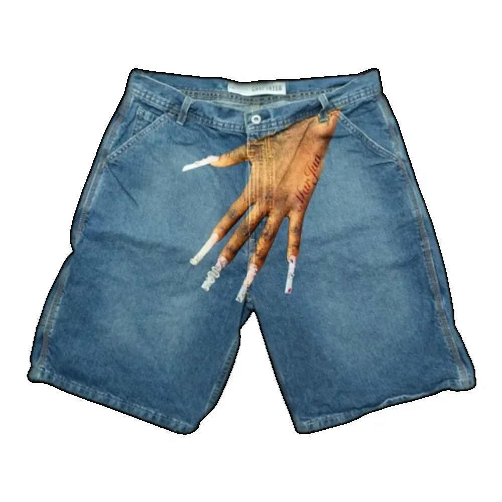 2024 europäische und amerikanische Hip-Hop-Denim-Shorts y2k personal isierte bedruckte finger blaue lose Shorts Basketball-Shorts Street Wear