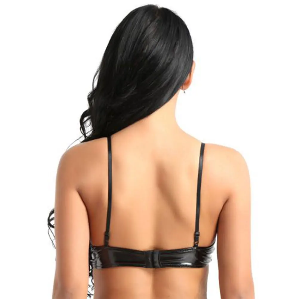 Women Open Cup Bralette Wet Look PU Bra Wire-Free Bustier Clubwear Lingerie Sleeveless Corset Top Night Club Erotic Wear
