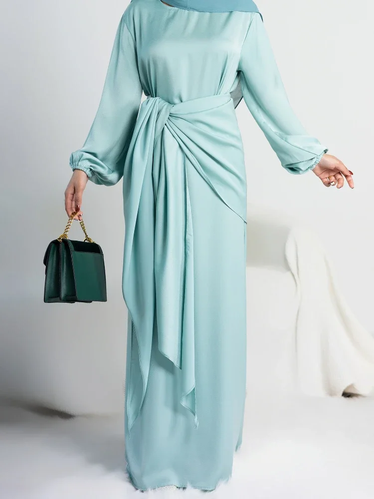 Satin Muslim Dress Women Abaya 2 Piece Set Morocco Party Kaftan Long Robe with Wrap Skirt Islamic Dubai Turkish Modest Outfit