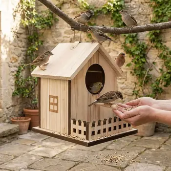 Casetta per Uccelli in Legno da Appendere, Gabbia per Uccelli, Piattaforma con Poggiafuochi, Nido per l'Allevamento di Uccelli, Finitura Liscia, Casetta per l'Accoppiamento di Pappagalli, Mangiatoia per Uccelli