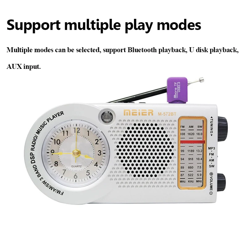 Portable FM AM SW Radio High Sensitivity Clock Radios Receiver Wireless Bluetooth Speaker MP3 Music Player Support U Disk AUX