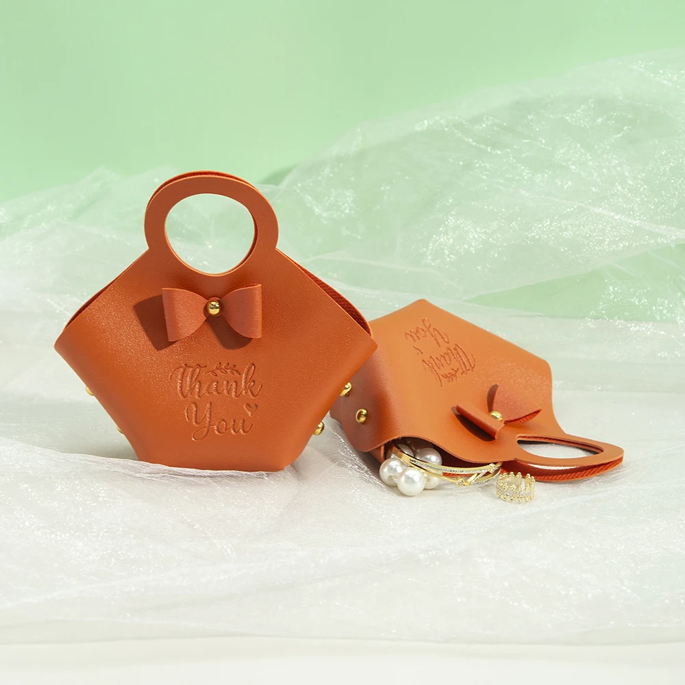 Orange PU Leather Jewelry Thank You Bag 16x9x7cm Wedding Halloween Candy Chocolate Gift Handbag Bowknot Oil Storage Basket Pouch