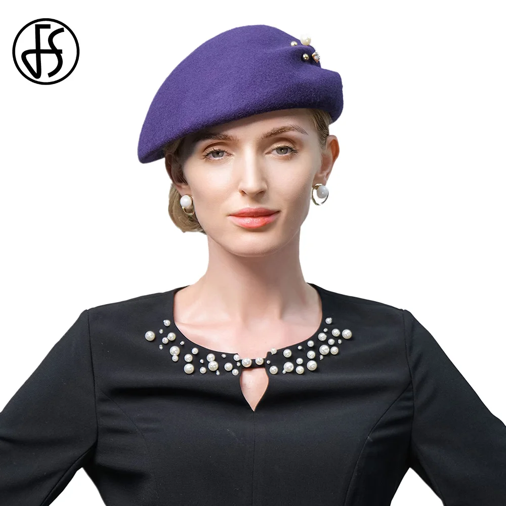 

FS 2024 British Beret Luxury Purple Top Hats For Women With Imitation Pearl Vintage Millinery Autumn Black Cap Lady Wool Fedora