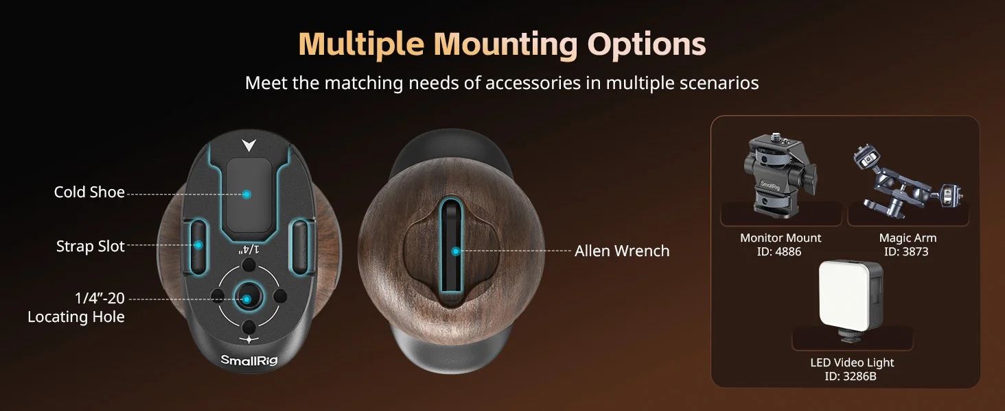 Wooden Side Handle with 1/4"-20 & 3/8''-16 ARRI Locating Screws Retractable Inte