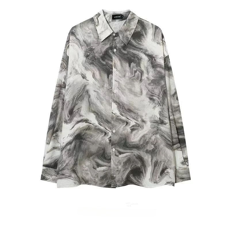 

Men Women Japanese Hong Kong Style Niche Handsome Tie-dyed Shirts Trendy High Street Lapel Long-sleeved Loose Casual Blouse Tops