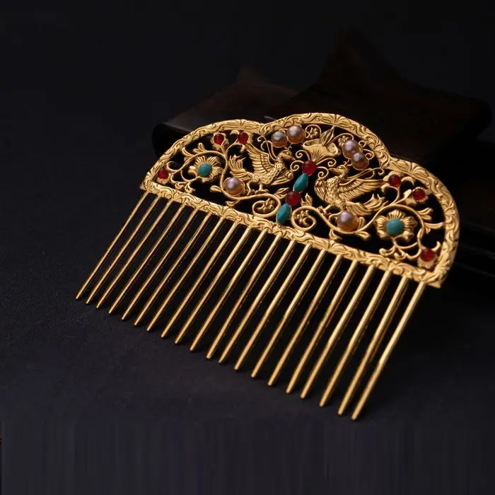 Hanfu Accessories Copper Gold-plated Tang-made Bun Hair Comb Mantingfang Headgear Jewelry for Family Gifts