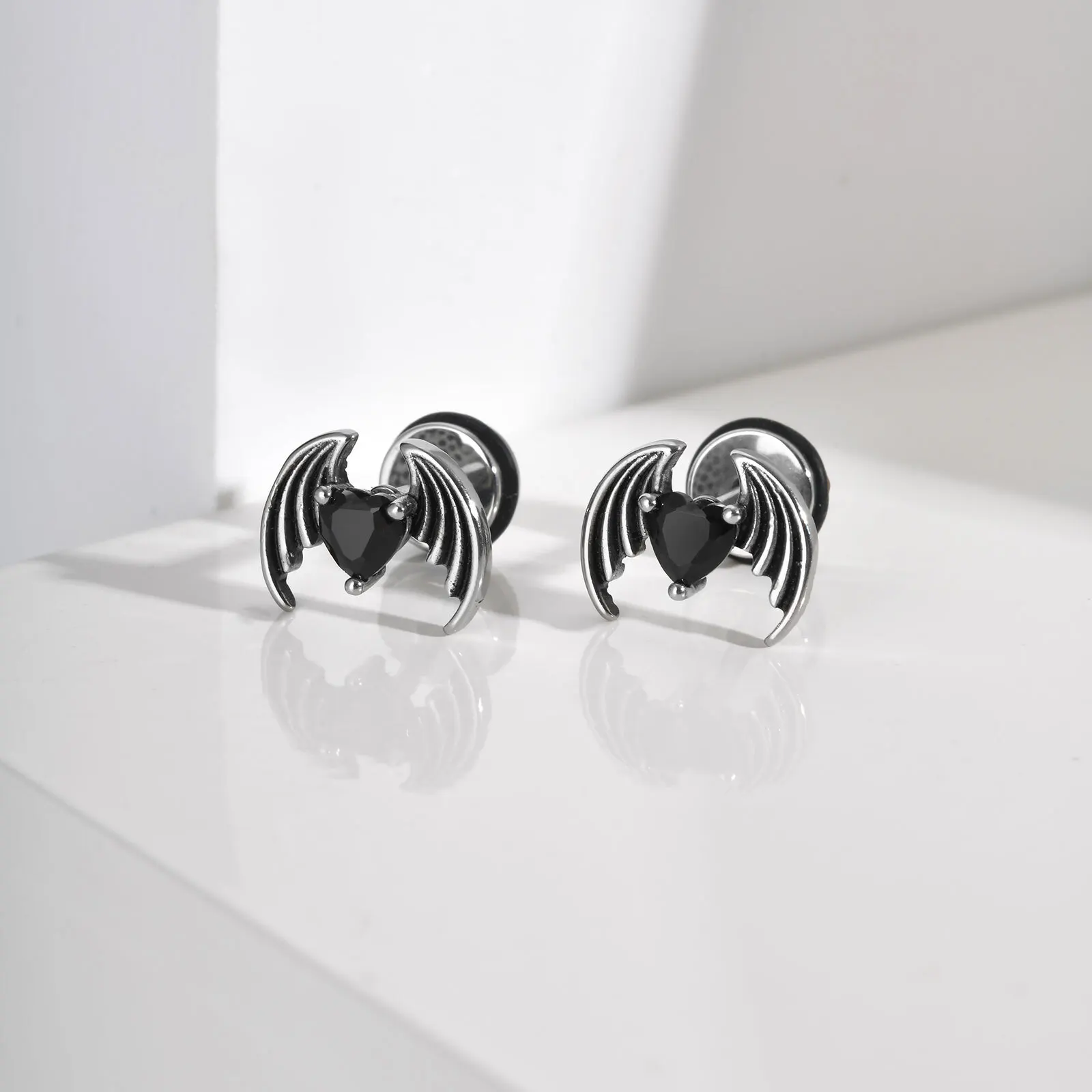 Gothic Wing Stainless Steel Stud Earrings for Men,Anti Allergy Black Heart Crystal Zircon Earring,PUNK Halloween Jewelry Gift