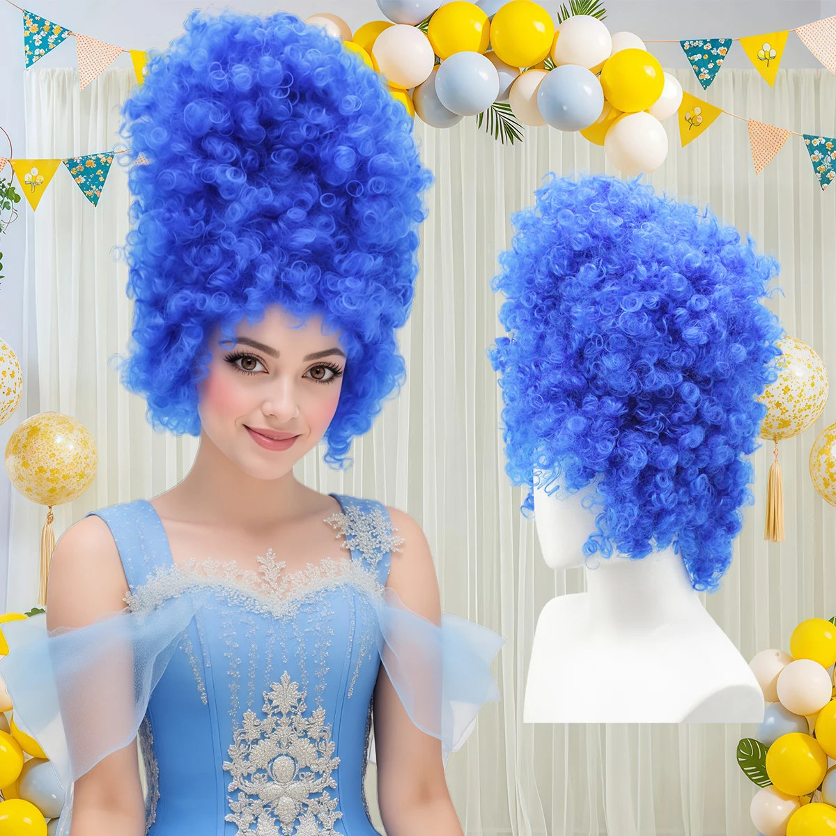 Parrucca sintetica riccia lunga blu brillante, ispirata a Marge Simpson per Halloween, cosplay e feste a tema.