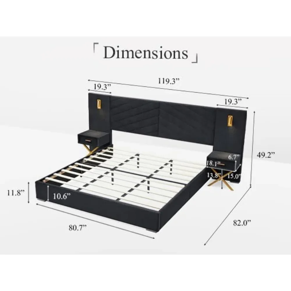Luxury Bed Frame with Built-in Gold LED Lights and Nightstands,Platform Bed with Oversize Upholstered Headboard,No BoxSpringNeed 3