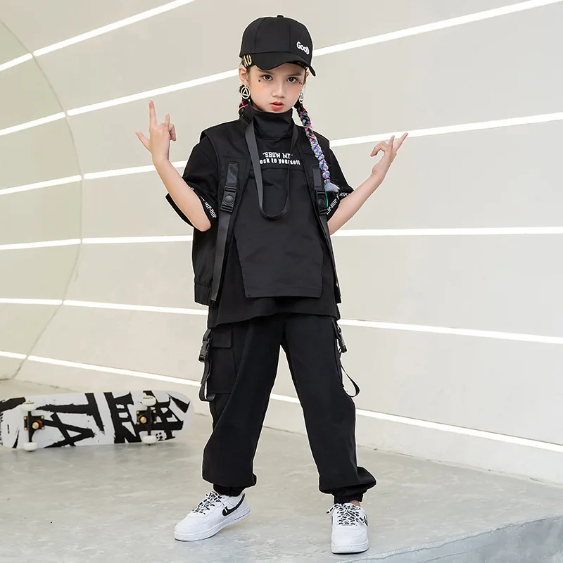 Girls Boys Jazz Dance Costume Clothes Wear Black Kid Hip Hop Clothing T Shirt Top Tactical Cargo Pants Sleeveless Jacket Vest