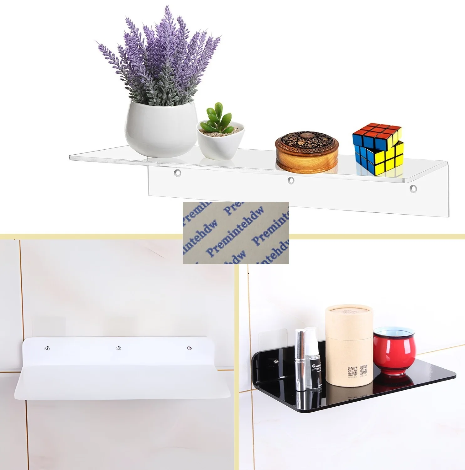 White Black Clear Acrylic Wall Floating Shelves Nail Free Sticker Mounting 1Piece