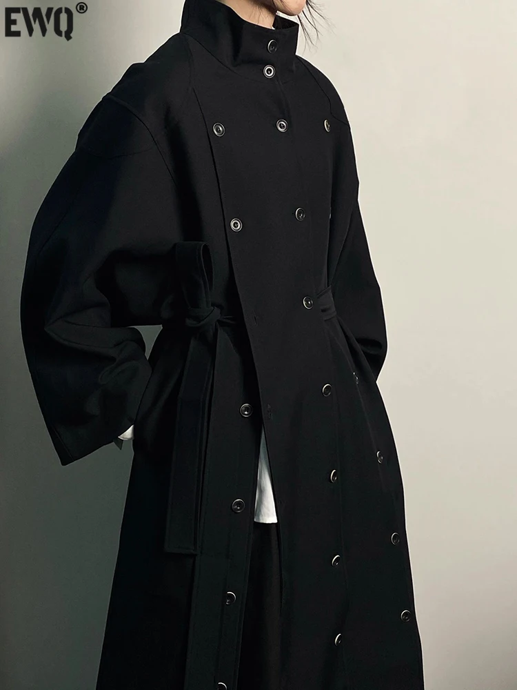 

[EWQ] Women Black outwear Irregular Stand Collar Long Sleeve Windbreaker Fashion Autumn 2023 Trench Coat Outwear 16U5772k