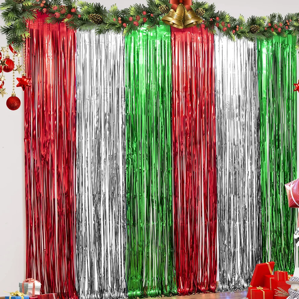 

1x2m Christmas Foil Fringe Curtains Christmas Party Decoration Red Silver Green Tinsel Fringe Photo Backdrop Streamer Decor