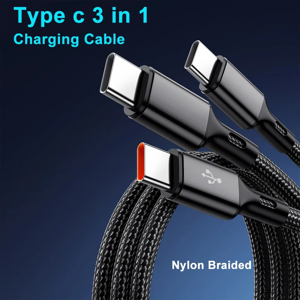 3 In 1 100W 6A USB-A to 3 ×Type-C Fast Charging Data Cable For Samsung S24 Xiaomi Huawei Android Phone USB C Data Transfer Cord