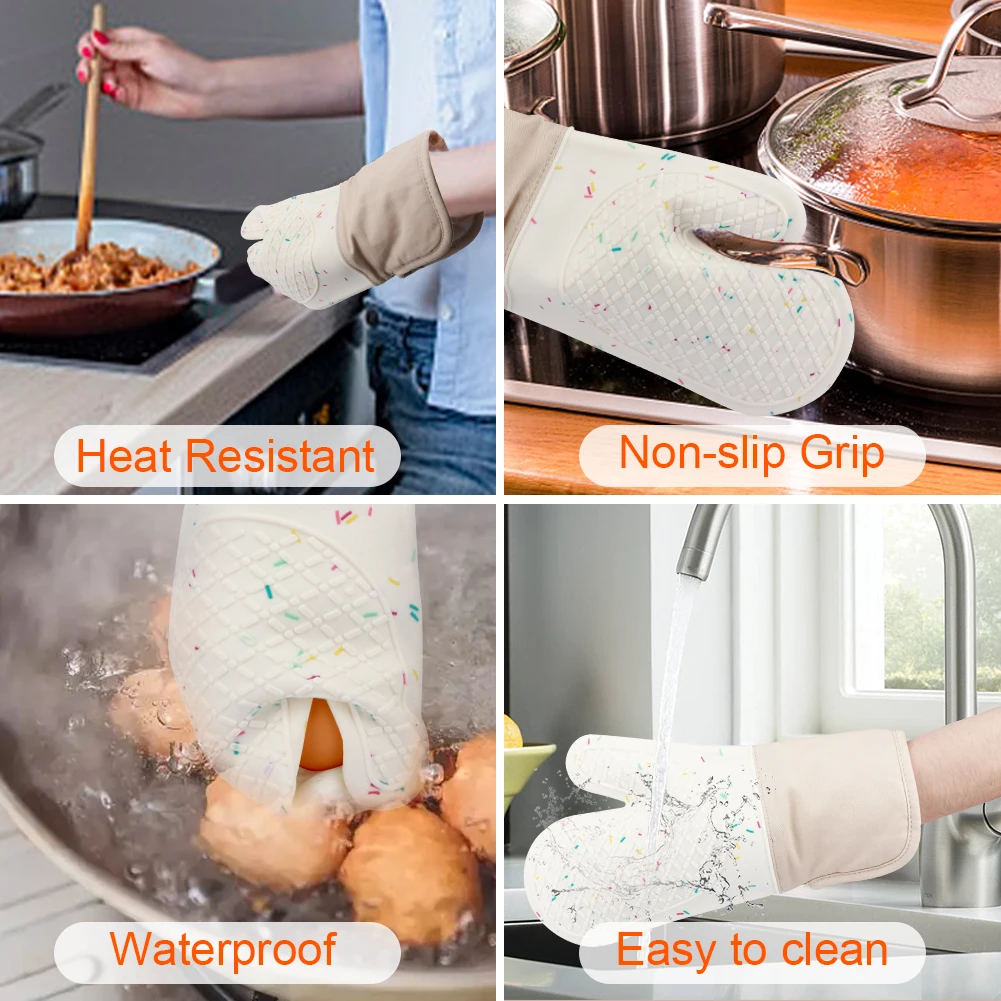 Heat Resistant Silicone Gloves 3pcs/set Home Kitchen Accessories Waterproof Pot Holder BBQ Oven Mitts Pan Mat Cake Baking Tool