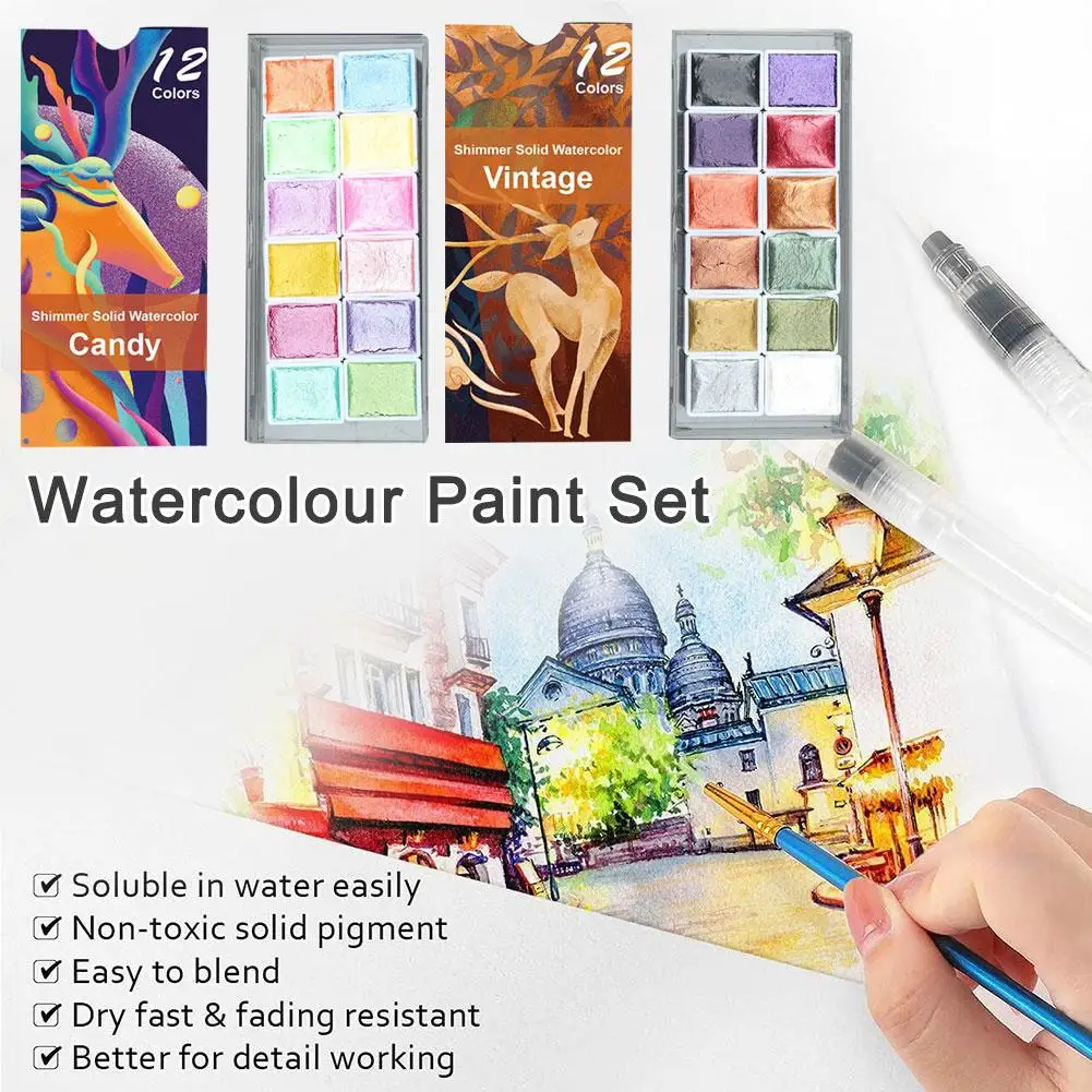 

12 Colors Solid Watercolor Paint Flash Retro Pearlescent Macaron Candy Colours Watercolours Paint Set for Art Pain Z3G1