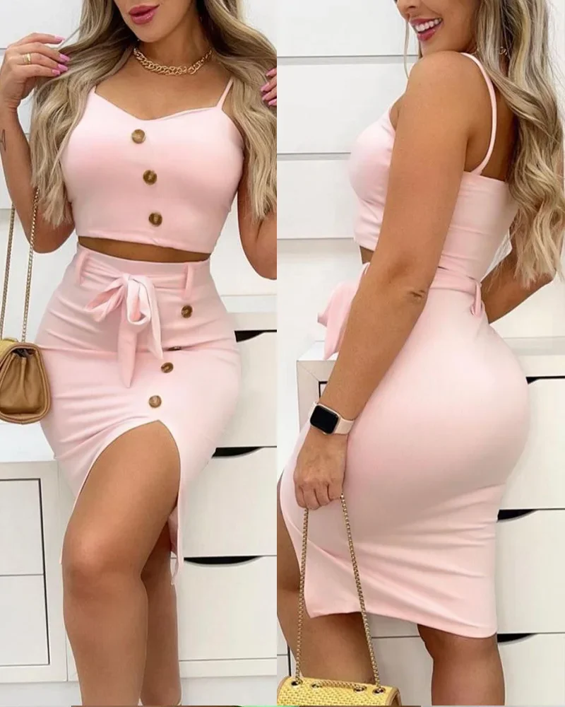 

Button Decor Cami Crop Top & Split Skirt Set Women 2pcs Clothes Set Solid Color Sleeveless Tanks Camis High Waist Slim Skirt