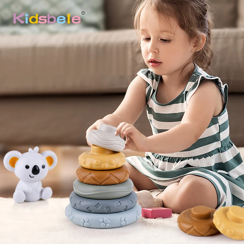 

6pcs Stacking Rings Koala Silicone Baby Teething Toy Soft Block Stacker Multi-Textured Tactile Sensory Educational Toddlers Toy