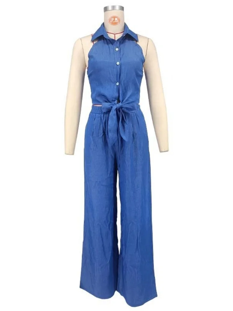 Wmstar Denim Pants Sets Wholesale Two Piece Women's Set  Halter Neck Lapel Backless Top and Loose Wide Leg Pants Matching Suit