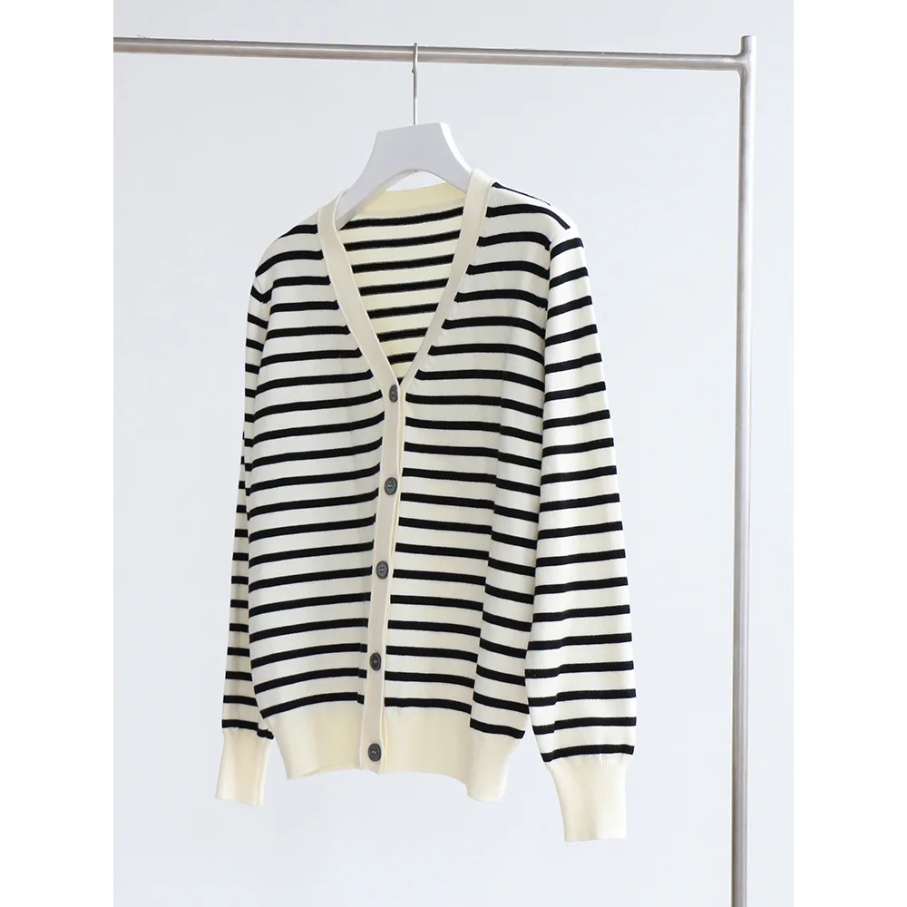 

Cotton Thick Unilateral Striped Knitted Sweater Cardigan Autumn/Winter Sweater Coat Loose Striped Women's Top Casual and Simple