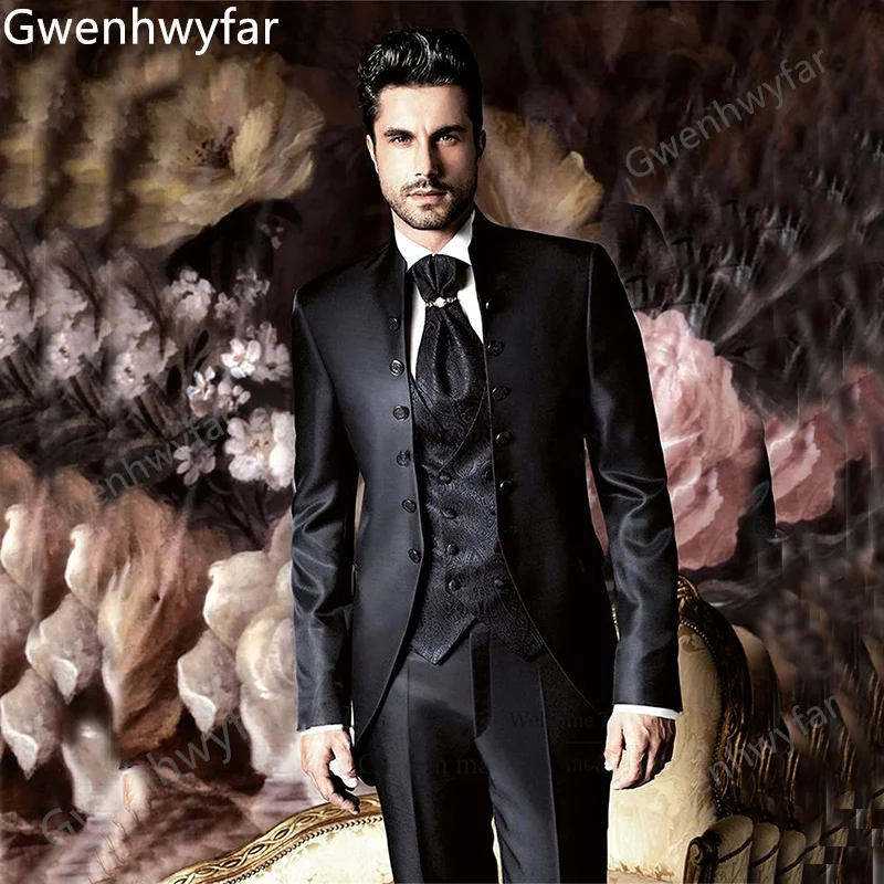 

Gwenhwyfar Fall 2022 Black Coat Suit for Man High Quality Stand Collar Double Breasted Slim Fit 3-piece Wedding Tuxedo for Man