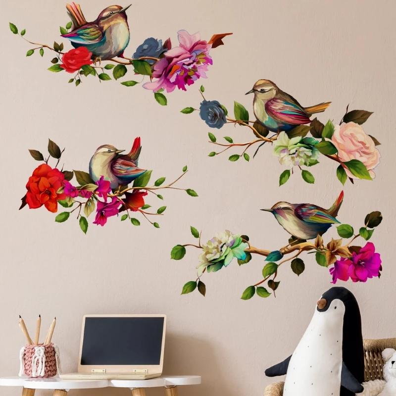 1pcBirdFloralPatternWallStickerBirdsStandingOnBranchesFlowers