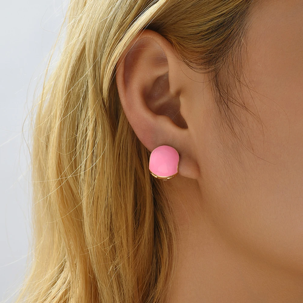 Mini Cute Round Enamel Piercing Earring Studs for Women Girls Sweet Pink Huggie Earrings Wedding Jewelry 2025 New Trendy